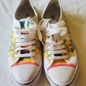 Hand Painted Canvas "Hello Sunshine" Sunflowers Rainbow Sz. 9 Sneakers